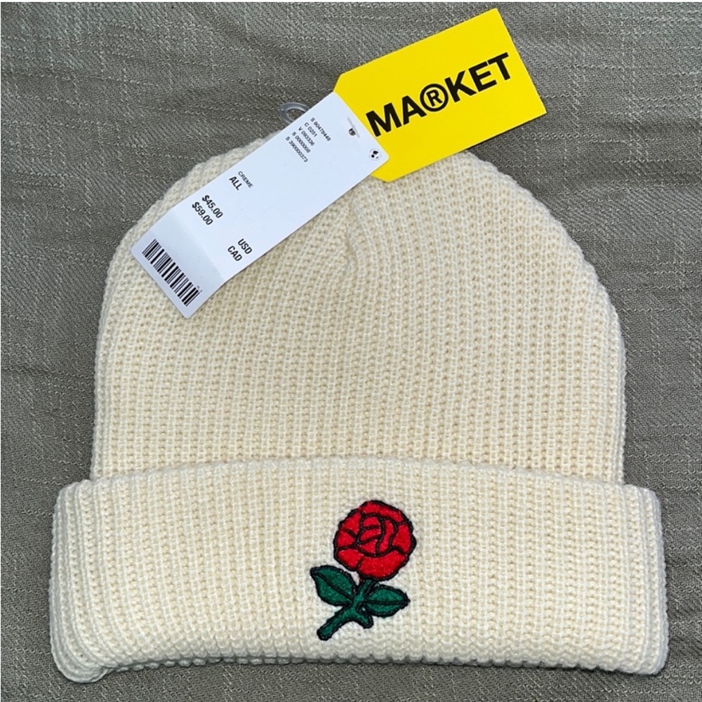 NWT UO x Market Rose Embroidered Beanie Hat, Cream